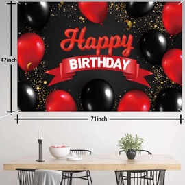 Happy Birthday Banner Backdrop Decorations Red and Black Balloons Theme Decor for Girls Women Princess Birthday Party Bday Photo Booth Props Supplies Background Favors Gold