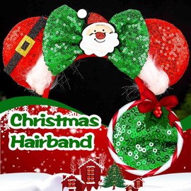 Uranian Christmas Headbands Red Mouse Ear Hairbands Sequins Green Bow Headwear Xmas Festival Costume Hair Accessories for Women