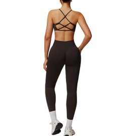 ABOCIW Workout Sets for Women Seamless High Waist Scrunch Butt Lifting Gym Leggings Yoga Pants Strappy Sports Bra Exercise 2 Piece Outfits Coffee Large