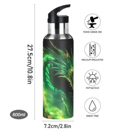 JUMBEAR Green Flame Dragon Stainless Steel Water Bottle, Vacuum Insulated Leak-Proof Wide Mouth with Straw Lid for Fitness, Gym and Outdoor Sports, 625 ml