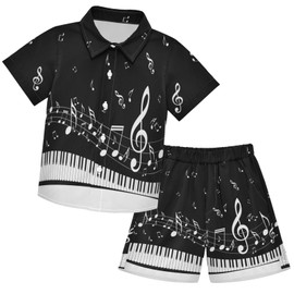 visesunny Toddler Boys 2 Piece Outfit Button Down Shirt and Short Sets Abstract Piano Key with Musical Note Boy Summer Outfits for Infant Baby Children Kids