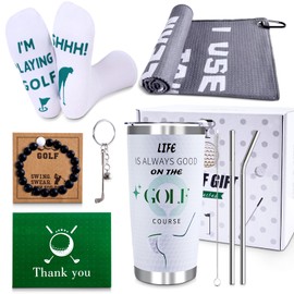 CAKKA - Juego de 9 piezas de regalo de golf para hombre, vaso, toalla, calcetines, llavero, pulsera, tarjeta de agradecimiento; caja de regalo; perfecto para golfista, papá, Navidad