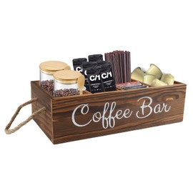 Gzsekken Coffee Station, 4 Compartments Coffee Station Organizer Kitchen Wooden Caddy for Pod Tea Bag, Coffee Bar with 2 Side Handles for Office & Home Countertop Organisation, Vintage Brown