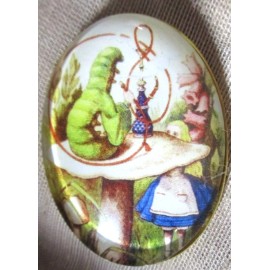 XL GLASS DOME PIC BUTTON "ALICE IN WONDERLAND" ALICE W THE GREEN CATERPILLAR