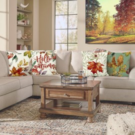 Bonhause Maple Leaves Throw Pillow Covers 18 x 18 Inch Set of 4 Autumn Leaf Decorative Pillow Cases Polyester Linen Patio Pillows for Couch Sofa Garden Balcony Decor