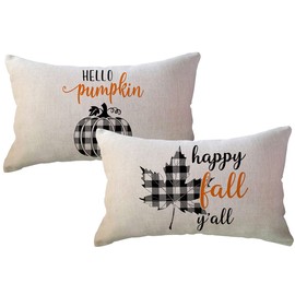 Autumn Fall Pillow Covers 12x20 Set of 2 Black Buffalo Plaid Check Pumpkin Maple Leaves Farmhouse Decorative Rectangular/Lumbar Cushion Cover Autumn Harvest Throw Pillow Cases for Sofa/Couch/Porch