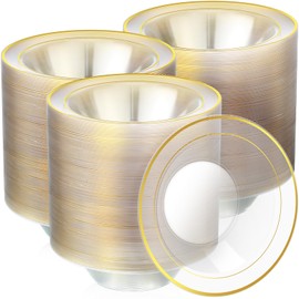 Tanlade 100 Pcs Plastic Bowls with Gold Rim 12 oz Disposable Soup Bowls Elegant Party Dessert Bowls Disposable Dinnerware Fancy Shatterproof Tableware for Serving Food, Wedding, Holidays (Clear)