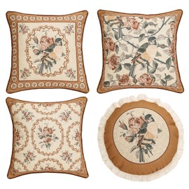 patdrea Designer Vintage Floral Throw Pillow Covers for Couch Set of 4,Brown Yellow Linen Pillowcases with Bird and Rose Pattern Decorative Cushion Cover for Bedroom Living Room Outdoor Car Cafe