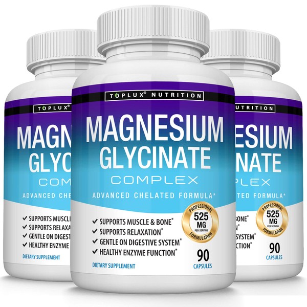 3X Bottles Magnesium Glycinate Complex 525 mg High Absorption 125% DV Chelated - Formulated for Muscle Relaxation & Recovery, Maximum Bioavailability, Vegan for Men Women, 90 Capsules, Toplux