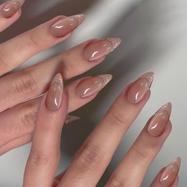 IQXGE Medium Almond Press on Nails French Tip Full Cover False Fake Nails Press ons Diamonds Glitter Stick on Nail Nude Acrylic Fake Nail with Golden Line Shiny Artificial 24Pcs Reusable for Women