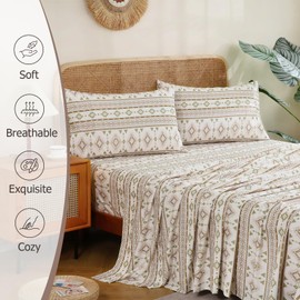 CozySmile 4 Pieces Queen Sheet Set Bohemian, Boho Sheets Soft Microfiber Deep Pocket, Western Sheets Geometric(Queen, Cream Olive Geometric)