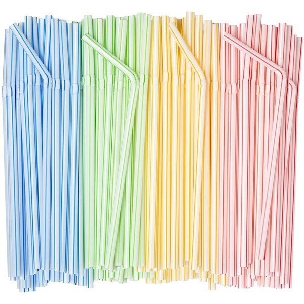 [400 Pack] Flexible Disposable Plastic Drinking Straws - 7.75" High - Assorted Colors Striped