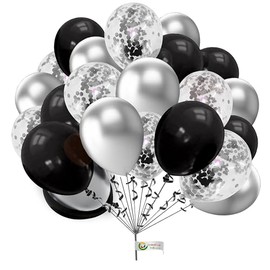 Round Balloons 30 Pack 10 Inch Black and Silver Confetti Balloons for Birthday Party Decorations, Kids Party, Baby Shower, Engagement, Wedding, Festivals
