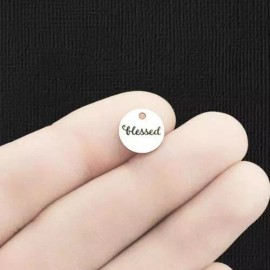 Unbranded Blessed Stainless Steel 10mm Round Charms - BFS005-6107 - Silver, 5