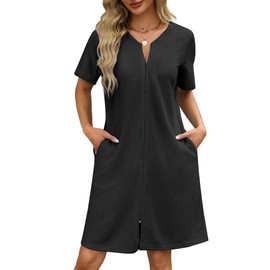 Ekouaer Women Zipper Robes Waffle Short Bathrobe Lightweight House Coat with Pockets Soft Nightgown(Black, Small)