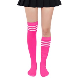 Zando Pink Thigh High Socks Striped Thigh High Socks for Women Pink Knee High Socks Striped Knee High Socks Pink Thigh High Stockings Cosplay Stockings Thigh Highs over the Knee Socks Hot Pink/White