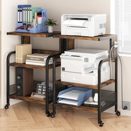 GAOMON Printer Stand, Large Printer Table with Power Outlets and USB Ports, Mobile Printer Stand, 3 Tier Rolling Printer Cart with Adjustable Storage Shelf for Home Office Living, Rustic Brown