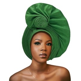 SugeGasa Auto Gele Headtie Already Made African Head Wraps For Women Turban Gelee Nigerian Aso Oke Bonnet Femme Headgear Fashion Headbands 1set (Grass Green)