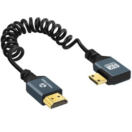 Thsucords 8K Right Angle Mini HDMI to HDMI Coiled Cable 3FT, 90 Degree HDMI to Mini HDMI Male to Male Spiral Cord, Support 8K@60Hz 4K@120Hz 48Gbps for Nikon, DSLR, Camcorder, Laptop, Tablet
