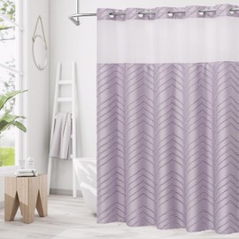 Craidlela No Hooks Boho Purple Shower Curtain Set with Snap-in Liner, Farmhouse Fabric Tufted Chevron Striped Textured Lavender Shower Curtain, Modern Style with See Through Window 72 x 74