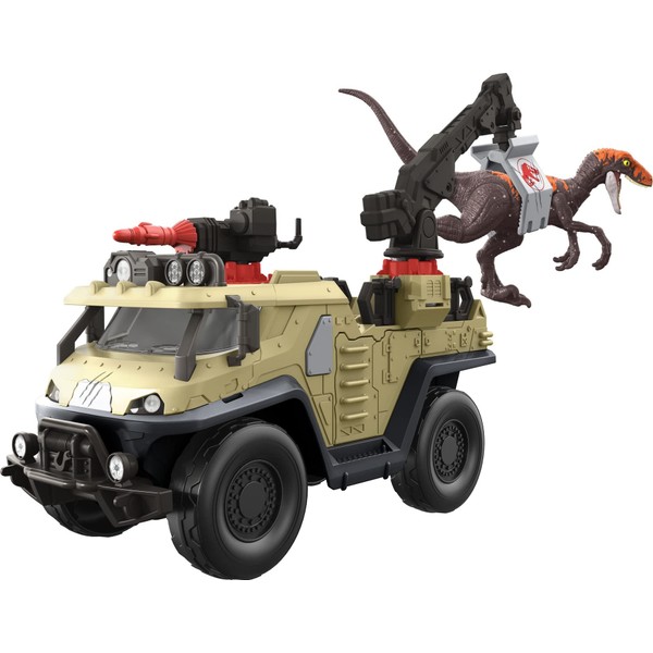 Mattel Jurassic World Dominion Capture & Crush Truck with Velociraptor, Vehicle Toy with Tranq Shooter, Crane & 2 Breakaways