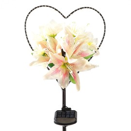 Starryfill Luces solares para jardín al aire libre en forma de corazón con flores de lirio blanco, luces solares para exteriores con 25 luces LED blanco cálido, decorativas para recuerdos, camino, patio, césped