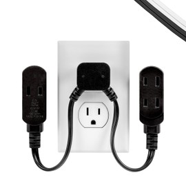 GE 10 inches Twin Extension Cord Power Strip, 6 Total Outlets, 10 inches Cord On Each Side, Power Splitter, 16 Gauge, Indoor Rated, Black, 69864