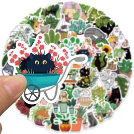 INF Pack of 50 Stickers Cats and Plants Cute Cartoon Black Cat Green Potted Plant Stickers Waterproof Decals for Children, Teenagers, Adults