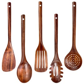 Wooden Utensils for Cooking, 5Pcs Natural Teak Wood Kitchen Utensils Set, Non-Stick Wooden Cooking Utensils Set, Heat-Resistant Kitchen Tool Set with Wooden Spoon, Spatula, Pasta Server, Skimmer