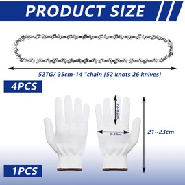 Saw Chains 3/8 Inch 52 TG 1.3 mm 35 cm, Pack of 4 Low-Rebound Chain, Chainsaw Chain for Various Chainsaws Chainsaws with Cutting Length 35 cm, 14 Inches, with a Pair of Gloves