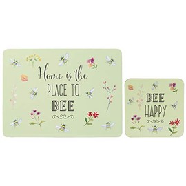 Set of 4 (8pc) Bee Happy Cork Placemats & Coasters Set, Cork Backed Placemats, & Kitchen Protector Mats for Decoration, Heat-Resistant Coating & Cork Board Base Cork Placemats