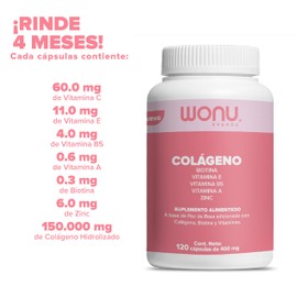 WONU, Capsulas a base de Flor de rosa Colágeno, Biotina, Zinc y Vitaminas 400 mg. Rinde 4 meses, Suplemento alimenticio120 cápsulas.