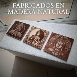 Set of 3 Buddha Paintings in Wood | Decorative Wall Art | Oriental Spiritual Art | Embossed Buddha Design | 20 x 20 cm Each Picture | Ideal for Home, Yoga or Meditation