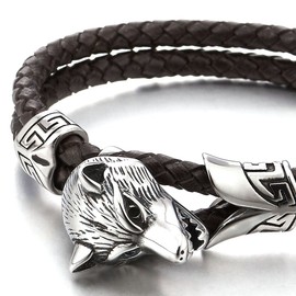 COOLSTEELANDBEYOND Stainless Steel Mens Wolf Head Bracelet with Brown Genuine Braided Leather(CA)