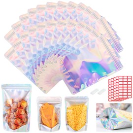 100-pack 7” x 10” Stand Up Mylar Bags with Clear Window Large Holographic Resealable Foil Pouches for Food Storage Smell Proof Edible Packaging Zip Bag for Small Business, 1 Quart Ziplock Bag Bulk