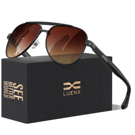 LUENX Aviator Sunglasses for Men Polarized Shades Driving UV 400 Protection 60mm-Gradient Amber Lens Black Metal Frame Glossy Temple