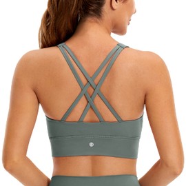 CRZ YOGA Womens Butterluxe Strappy High Neck Longline Sports Bra - Wireless Criss Cross Back Padded Workout Cropped Top Grey Sage X-Large