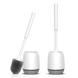 Toilet Brush, 2 Pack Toilet Bowl Brush and Holder Set Ergonomic Long Handle Toilet Scrubber with Ventilated Base for Quick Drying, for Bathroom Cleaning, White & Gray