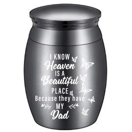 CREATCABIN Small Ashes Urn Keepsake Butterflies Cremation Urn Mini Stainless Steel Memorial Ashes Holder Container Jar for Human Dad Pets Remains 1.18x1.57 Inch-I Know Heaven Is Beautiful