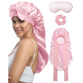 AWAYTR Long Hair Bonnet for Sleeping - Mask and Hair Scunchies Set Stain Womens Bonnet with Elastic Tie Band(Pink)