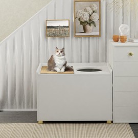 Amunrbrek Top Entry Litter Box Enclosure, Modern Flip Top Litter Box Furniture with Cat Scratch Mat, Side Table (White)