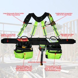 MELOTOUGH Reflective Safety Tool Belt with Suspenders Tool Bag Supenders Framers Comb Apron Construction Tool Pouch Builder Heavy Duty Carpenter Suspension Rig for Electrician, Roofing