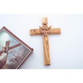 Olive Wood Gifts Shop Hand Made Olive Wood Cross (With The Holy Spirit 8 Inch) - Wall Hanging, Wooden Christian Cross With Dove from The Holy Land