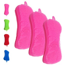 Silicone Dish Sponge - Dishwashing Kitchen Scrubber - Double Sided Sponge Brush - Multipurpose & Reusable Silicone Dish Sponges for Dishes, Fruits & Vegetables Cleaning - Pink (3 Pack)