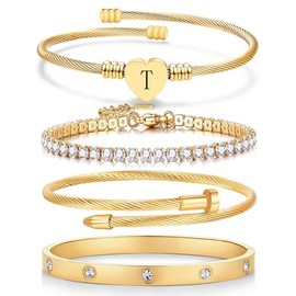 14K Gold Plated Letter Initial Bracelet for Women Dainty Heart Cuff Bangle Custom Jewelry Gift Set (style1-T)