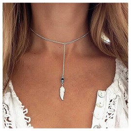 Cimenexe Bohemian Feather Lariat Y Necklace Turquoise Choker Necklace Turquoise Drop Necklace Chain Turquoise Pearl Y Chain Necklace Silver Leaf Drop Necklace Jewellery for Women and Girls