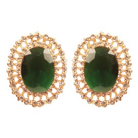 NEW! Touchstone Indian Bollywood Illustrious Handcrafted Rhinestone Oval Faceted Large Faux Emerald Style Definition Designer Jewelry Earrings In Gold Tone For Women.