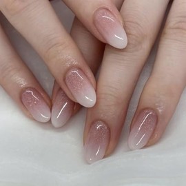 Uñas postizas ovaladas cortas con degradado color piel, uñas postizas con pegamento natural brillante, cobertura total, para manicura de mujer, 24 uni