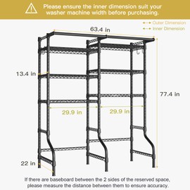 Ulif U13 Over Washer and Dryer Storage Shelves, 6 Tiers Laundry Room Standing Shelf with 2 Hanger Rods, Space Saver Clothes Drying Rack, 63.4" W x 22" D x 77.4" H, Black