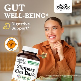 Wild & Organic Slippery Elm Bark Capsules 1000 mg - Digestive, Lung & Women's Support - Slippery Elm Supplement - Ulmus Rubra Powder - 90 Days of Supply - Vegan, No Fillers, Non-GMO - 180 Count